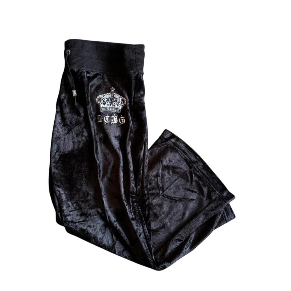 BCBGMAXAZRIA Y2K Black Velour Track Pants Crown Logo NWT Women's M
